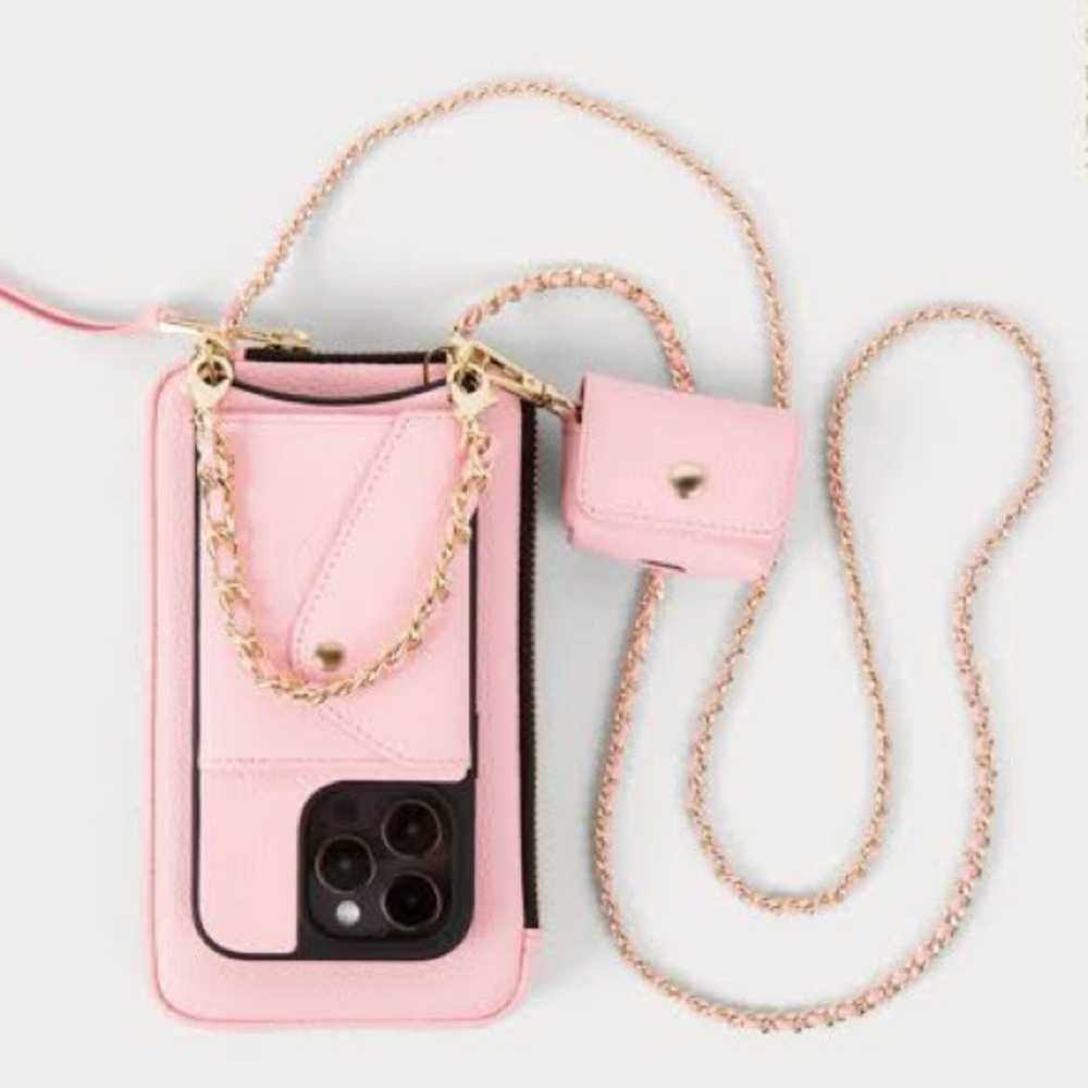 luxury Bandolier Blush Pink Leather Crossbody Phone Case with Card Pocket